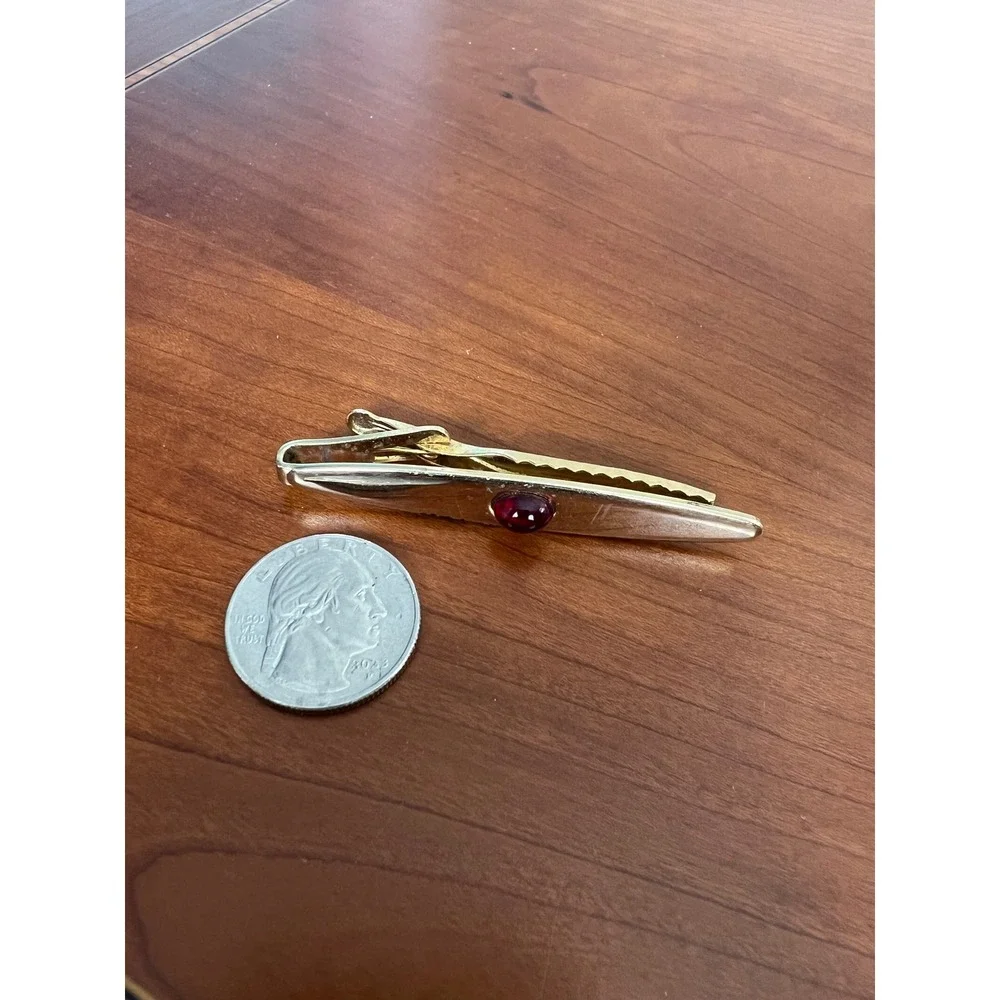 Vintage Gold Tone Ruby Red Cabochon Cufflinks and Tie Clip Set Mens Formal Wear
